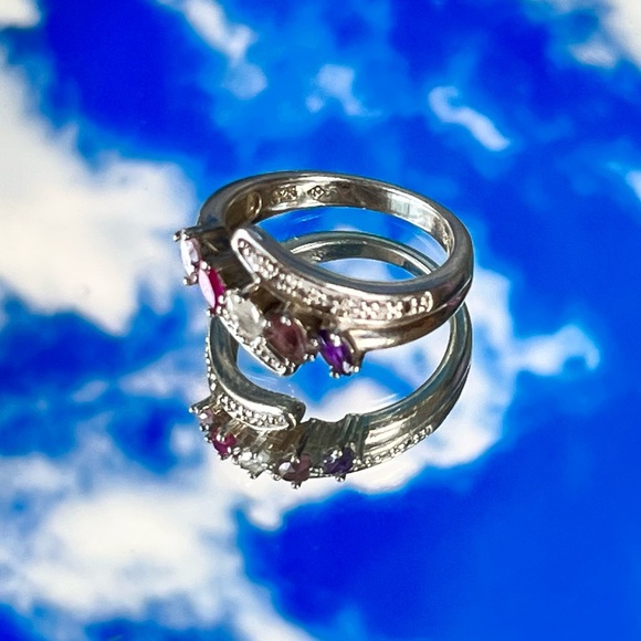 Vintage sterling silver multi gemstones and diamond accents ring, size 6.5 - Picture 3 of 7